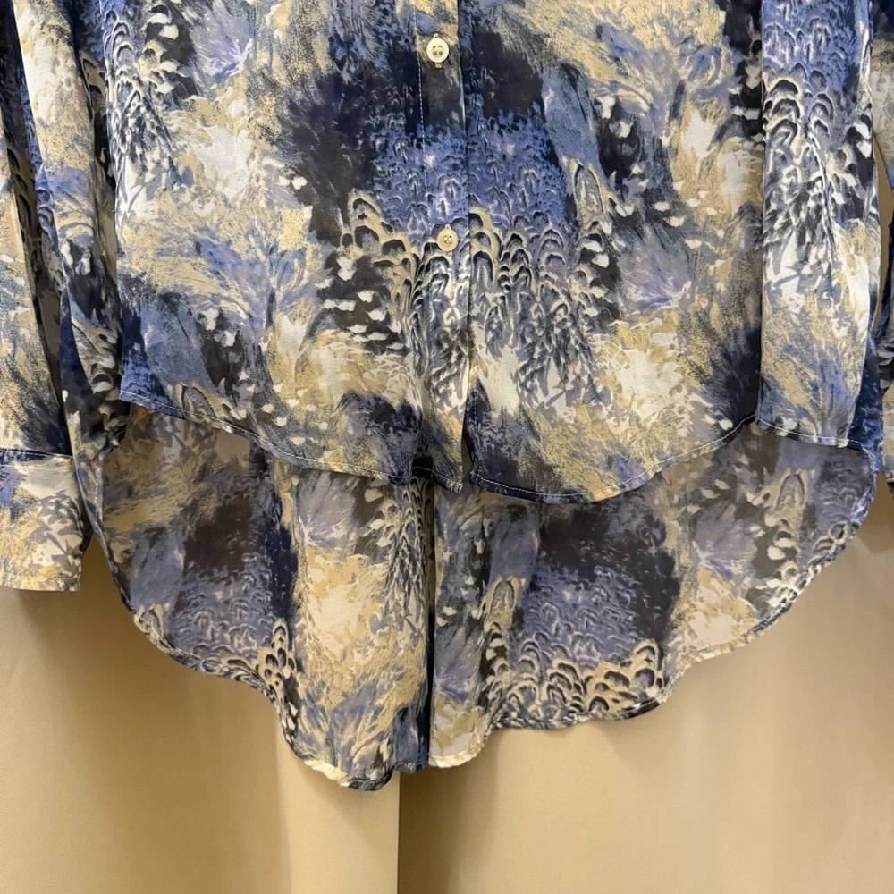 Free People Boho Sheer Abstract Print Georgette Button Blue Long Sleeve Shirt